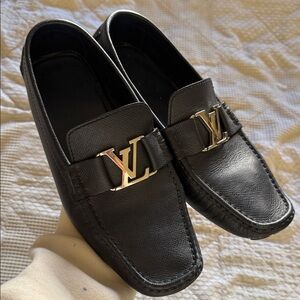 Louis Vuitton Black Textured Loafers with Gold Accent